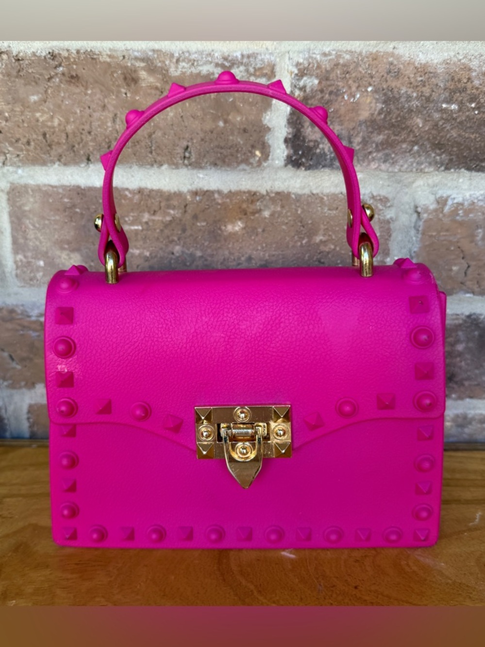 Studded 5” Mini Top-Handle Bag in Bright Pink